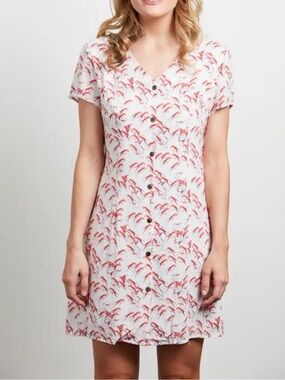 Sm Wardrobe Short Sleeve Button Front Bird Print Mini Dress  Size Small